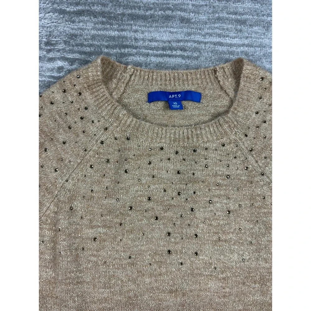 Apt. 9 Sweater Womens XS Tan Metallic Rhinestone Crew Neck Pullover Shimmer‎